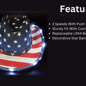 May include: A patriotic cowboy hat with a blue crown featuring white stars and a red and white striped brim. The hat has a string of white lights around the brim. The image also shows the hat's features.