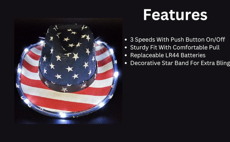 May include: A patriotic cowboy hat with a blue crown featuring white stars and a red and white striped brim. The hat has a string of white lights around the brim. The image also shows the hat's features.