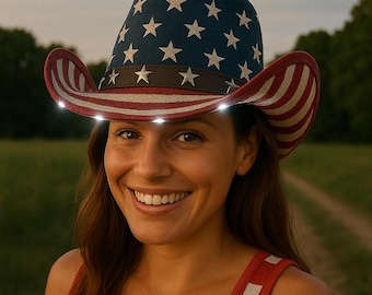 LED oplichtende cowboyhoed Amerikaanse vlag, CustomHat, westernhoed met patriottische sterren, strepen, 4 juli, countrymuziekconcert, boots in park