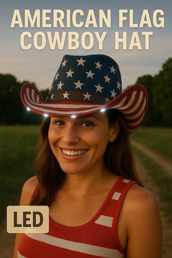 LED Light Up American Flag Cowboy Hat, CustomHat, Patriotic Stars Stripes Western Hat, 4th of July,Country Music Concert, Boots In Park