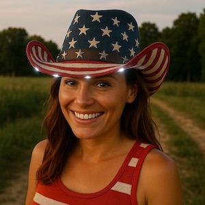 May include: A patriotic cowboy hat with a blue crown featuring white stars and a red and white striped brim. The hat has a brown leather band and small lights around the brim. The person is wearing a red and white striped tank top.