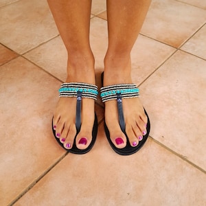 Masaai blue white leather flip flops / African Tanzanian female sandals / beaded flip flops
