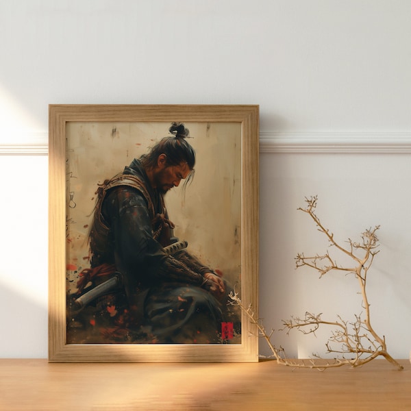 Digital Download: Samurai Resting - Japanese Warrior Art Print - Dramatic Martial Arts Illustration-Instant Wall Decor, For Him, Asia Lovers