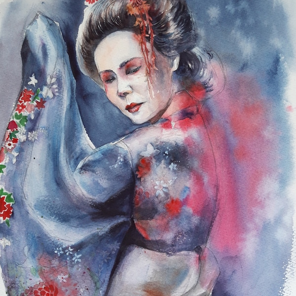 Aquarelle originale de Geisha | Art japonais | Portrait de Geisha peint à la main | Décoration murale | Arts d'Asie | Cadeau pour les amateurs d'art