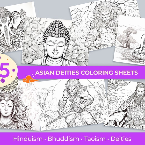 Digital Download: Asian Deities Coloring Sheets, Religious Illustrations - Printable Art, Buddhism, Hinduism, Taoism - Instant Download