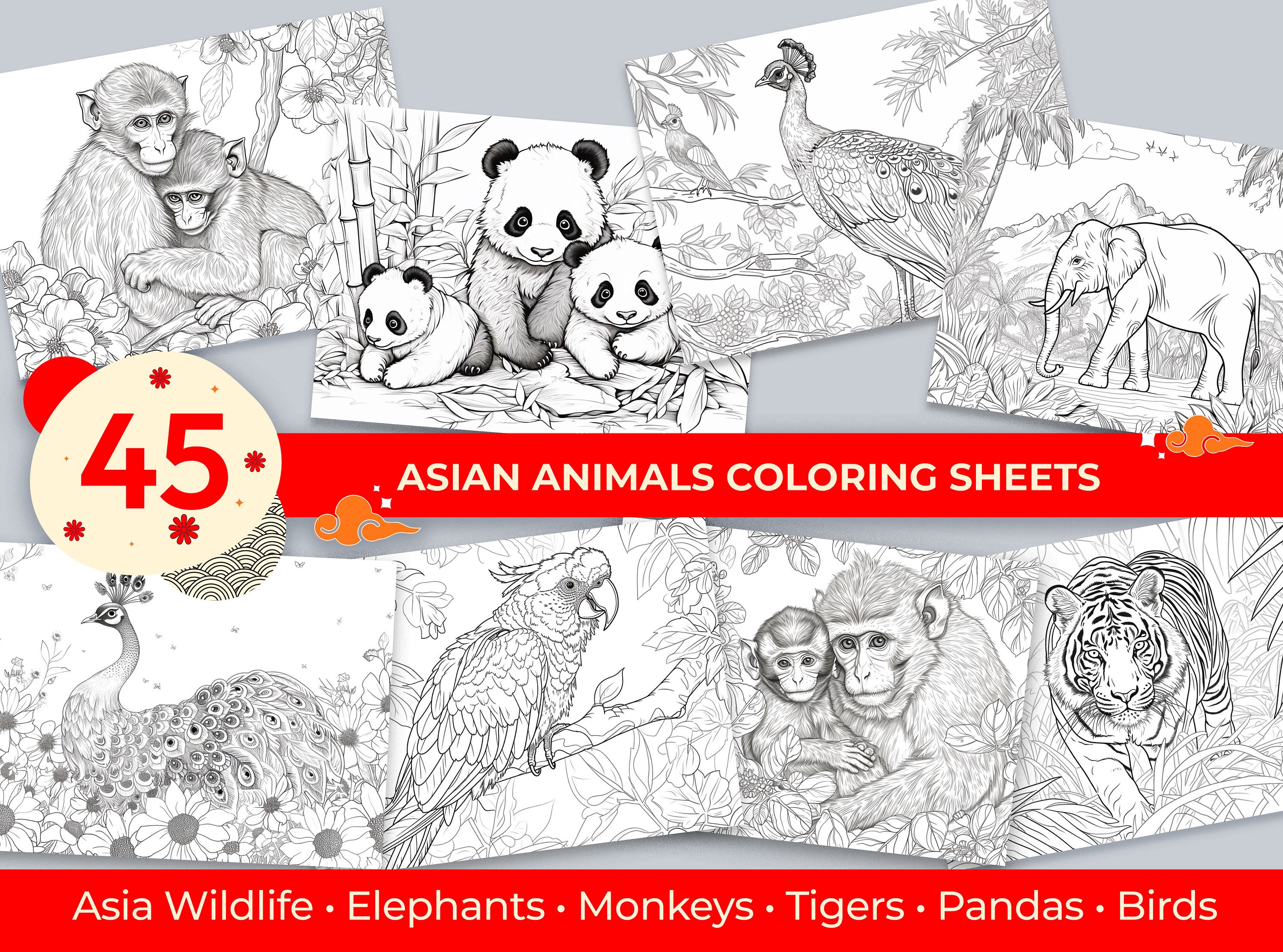 45 Asian Animals Coloring Sheets Printable A4 Size Illustrations