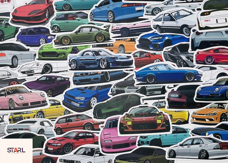Puede incluir: Una colecci&oacute;n de pegatinas de coches de colores que representan diferentes marcas y modelos de coches japoneses. Las pegatinas est&aacute;n impresas en papel blanco y tienen un acabado brillante.