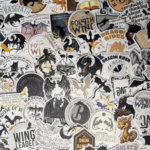 May include: A collection of assorted vinyl stickers featuring dragon illustrations, fantasy motifs, and text including Basgiath War College, Fourth Wing, Dragon Rider, and Wing Leader. The designs are rendered in black, white, and gold tones.