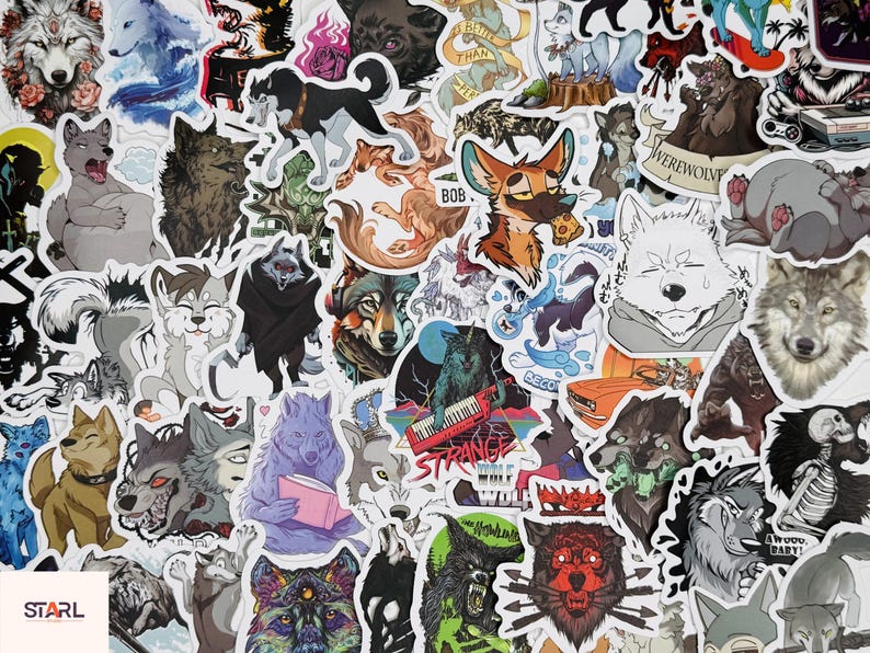 May include: A collection of colorful stickers featuring various wolf and wolf-like creature illustrations. The stickers showcase diverse designs, including cartoon wolves, werewolves, and stylized portraits, with some stickers containing text.