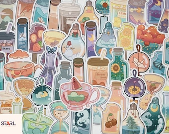May include: A collection of colorful stickers featuring various glass bottles, jars, and other containers. The stickers have a whimsical and cute aesthetic, with designs including clouds, stars, flowers, and other nature-inspired elements. The stickers are perfect for adding a touch of personality to journals, planners, laptops, and other surfaces.