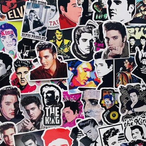 May include: A collection of colorful Elvis Presley stickers featuring various images of the singer, including close-ups of his face, full-body shots, and iconic poses. The stickers feature different backgrounds and designs, including a black and white image of Elvis with a microphone, a colorful image of Elvis with a guitar, and a sticker with the text "The King".