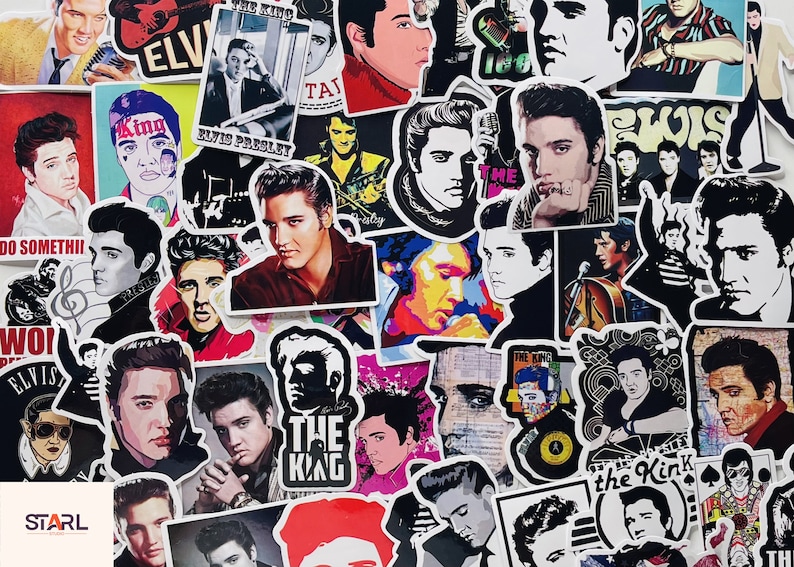 May include: A collection of colorful Elvis Presley stickers featuring various images of the singer, including close-ups of his face, full-body shots, and iconic poses. The stickers feature different backgrounds and designs, including a black and white image of Elvis with a microphone, a colorful image of Elvis with a guitar, and a sticker with the text "The King".