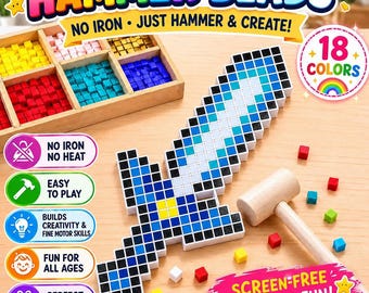 DIY Kids Craft Kit, Hammer Beads Craft Kit for Kids, No Iron Pixel Art Activity, 3D Printed Bead Board, Birthday Gift, Screen Free Activity