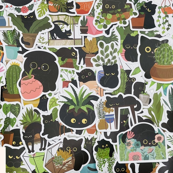 10-50 Pcs Black Cat and Plant Stickers, Vinyl Stickers, Random pack, FREE Shipping laptop stickers, Animal Sticker, waterproof