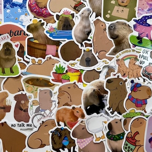 May include: A collection of colorful capybara stickers in various poses and settings. Some stickers feature capybaras in a bathtub, on a skateboard, and with accessories. The stickers have a white border and are on a white background.