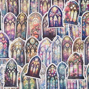 May include: A sheet of colorful stickers featuring stained glass window designs. The stickers are in various shades of blue, purple, pink, and yellow. Each sticker features a different design of a stained glass window with intricate details.