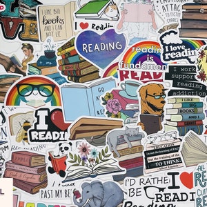 May include: A collection of colorful stickers with various reading-themed designs. The stickers feature illustrations of books, hearts, rainbows, and animals. Some of the stickers have text, such as "I love reading", "Reading is fundamental", and "I'm a book dragon".