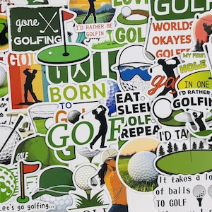 May include: A collection of golf-themed stickers with various designs. The stickers feature golf balls, golf clubs, and phrases like "Born to Golf" and "Eat Sleep Golf Repeat." The color palette includes green, white, and black.