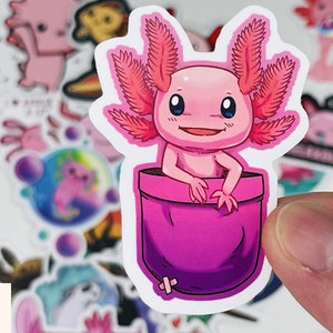 Op de afbeelding: Een roze axolotl met gevederde kieuwen kijkt uit een roze zak. De axolotl heeft een brede glimlach en grote, ronde ogen. De zak is op een witte achtergrond.