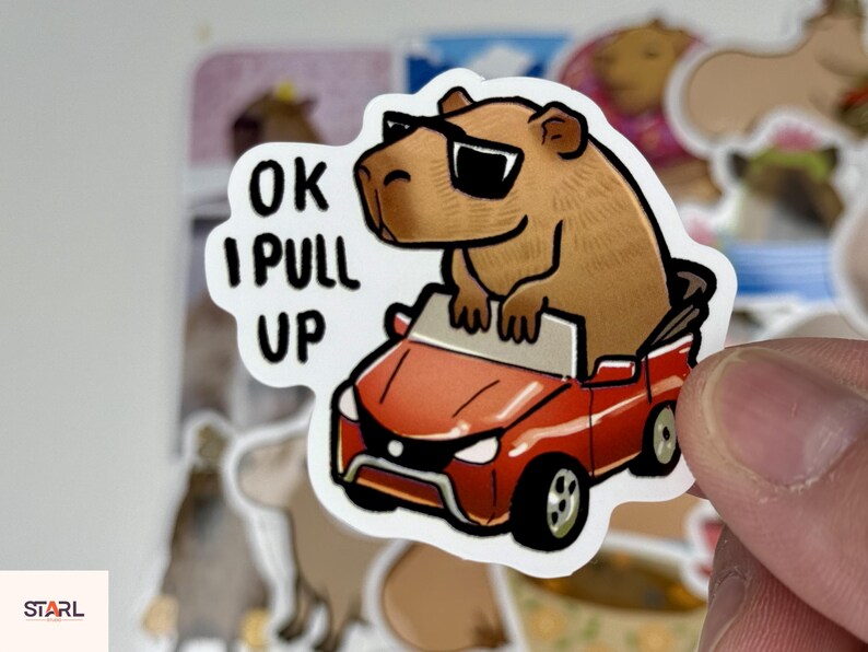 May include: A sticker featuring a cartoon capybara wearing sunglasses and driving a red convertible. The sticker has the text "OK I PULL UP" in black and white. The capybara is brown and the car has black wheels.