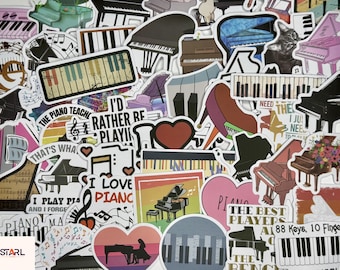 May include: A collection of colorful piano-themed stickers with various designs, including musical notes, keyboards, and the text "I'd rather be playing".