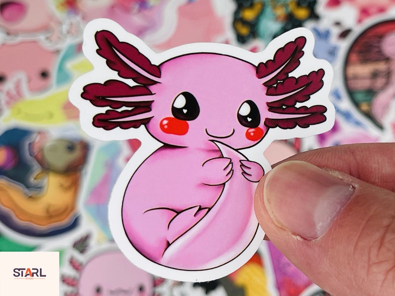 Op de afbeelding: Een roze axolotl-sticker met rode kieuwen en grote, zwarte ogen. De axolotl houdt zijn staart in zijn voorpoten.