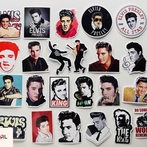 May include: A collection of 20 Elvis Presley stickers featuring various images of the singer, including portraits, iconic poses, and quotes. The stickers are printed on white paper with a glossy finish.