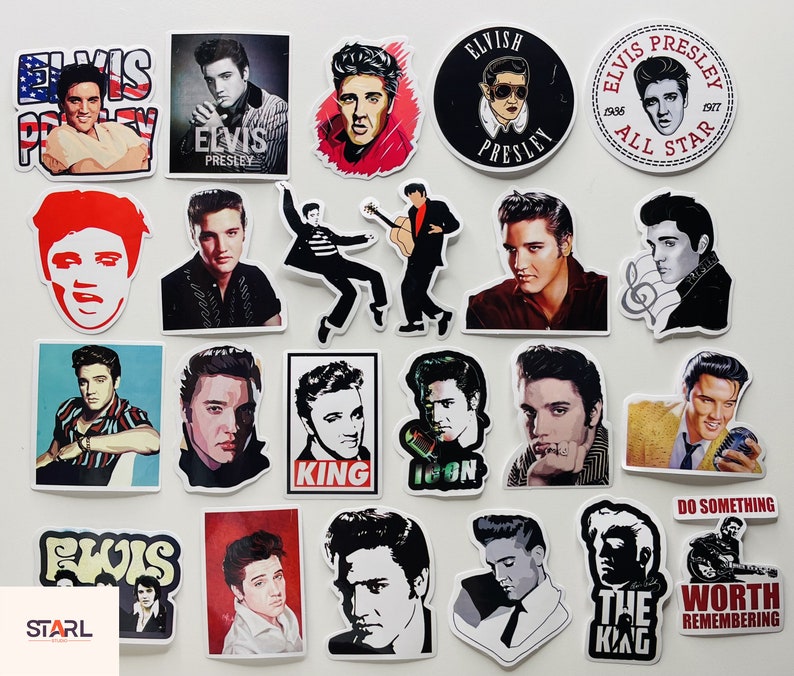 May include: A collection of 20 Elvis Presley stickers featuring various images of the singer, including portraits, iconic poses, and quotes. The stickers are printed on white paper with a glossy finish.