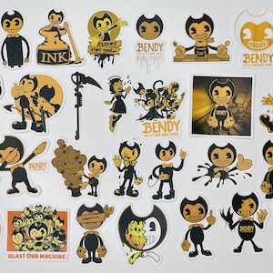 May include: A set of 25 stickers featuring the cartoon character Bendy from the video game Bendy and the Ink Machine. The stickers are black and yellow and feature various poses of Bendy, including him smiling, holding an ink bottle, and playing a saxophone. The stickers also feature text from the game, such as "Dreams Come True" and "Bendy and the Ink Machine".