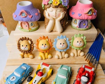 Plaster Painting Kit for Kids, Choose from 10+ Designs, DIY Planter, Lion and Race Car Craft, Birthday Gift, Party Favor