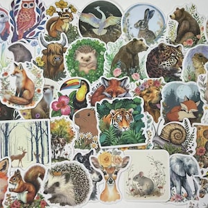 May include: A collection of colorful stickers featuring various animals, including a fox, a tiger, a hedgehog, a deer, a squirrel, a snail, a toucan, a bear, a butterfly, a ladybug, a frog, a fish, a bird, and a tree. The stickers are perfect for decorating journals, laptops, water bottles, and other personal items.