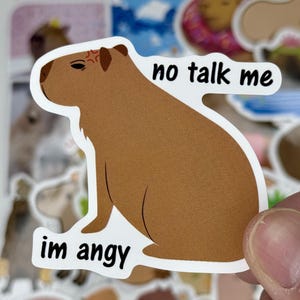 May include: A sticker featuring a brown capybara with an angry expression. The sticker has the phrases "no talk me" and "im angy" in black text. The sticker is held in a hand, with other stickers in the background.