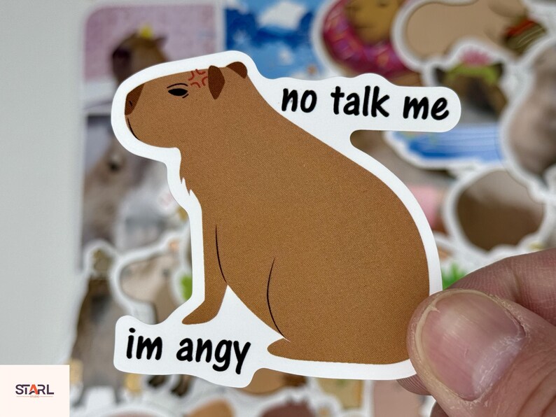 May include: A sticker featuring a brown capybara with an angry expression. The sticker has the phrases "no talk me" and "im angy" in black text. The sticker is held in a hand, with other stickers in the background.