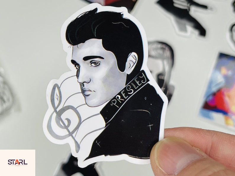 May include: Black and white illustration of Elvis Presley with a treble clef in the background. The sticker has the text "PRESLEY" on it.