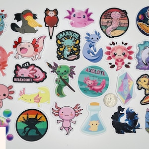 Op de afbeelding: Een set van 25 axolotl-stickers met verschillende ontwerpen, waaronder een roze axolotl met een hart, een zwarte axolotl met een banaan, een regenboog-axolotl en een ruimte-axolotl. De stickers zijn gedrukt op hoogwaardig vinyl en zijn waterdicht en duurzaam.