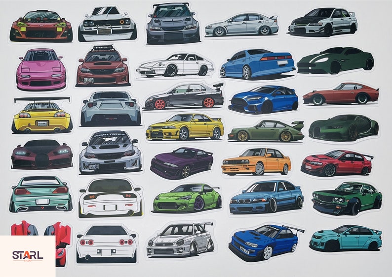Puede incluir: Una colecci&oacute;n de 30 pegatinas de coches de colores que representan diferentes marcas y modelos. Las pegatinas est&aacute;n impresas en papel blanco y tienen un acabado brillante.