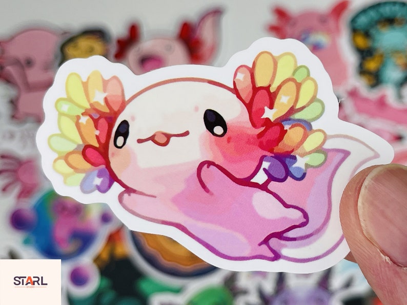 Op de afbeelding: Een roze axolotl met regenboogkleurige kieuwen en witte sterren. De axolotl is een populair huisdier en wordt vaak een "wandelende vis" genoemd.