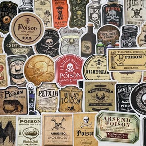 May include: A collection of vintage-style stickers featuring various poison labels. The stickers are printed on white paper with black, red, and brown ink. The stickers feature skulls, crossbones, and other spooky imagery. The text on the stickers includes words like "Poison", "Elixir", "Deadly Poison", and "Arsenic".