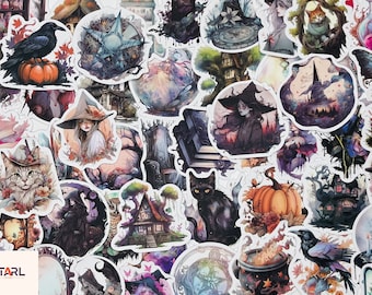 May include: A collection of 50 witchy stickers featuring illustrations of cats, owls, pumpkins, witches, and houses. The stickers are printed on white paper with a glossy finish.