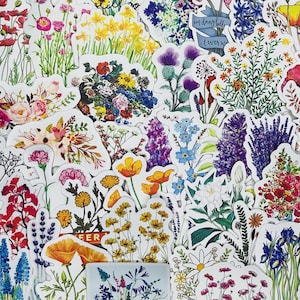 May include: A collection of colorful floral stickers featuring various flowers, including lavender, poppies, and daisies. The stickers are on a white background and are perfect for adding a touch of nature to your crafts, journals, or planners.