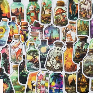 May include: A collection of colorful glass bottle stickers with various designs, including a robot, a mushroom, a train, a cityscape, and a fish. The stickers are perfect for adding a whimsical touch to any project.