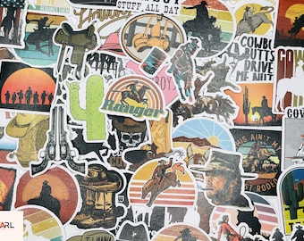 Western Cowboy Stickers Pack, Retro Rodeo Vinyl Decals with Horses, Cactus & Desert Art, Country Western Aesthetic Stickers for Laptop