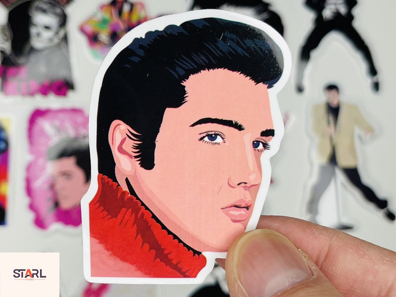 May include: A sticker featuring a cartoon illustration of Elvis Presley with a red turtleneck sweater and a black pompadour hairstyle.