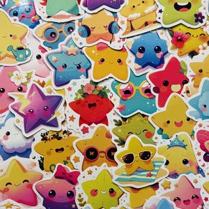 May include: A collection of colorful star-shaped stickers with various designs. The stickers feature smiling faces, sunglasses, hats, and other accessories. The color palette includes yellow, pink, blue, and purple. The stickers are suitable for decorating notebooks, laptops, or other items.