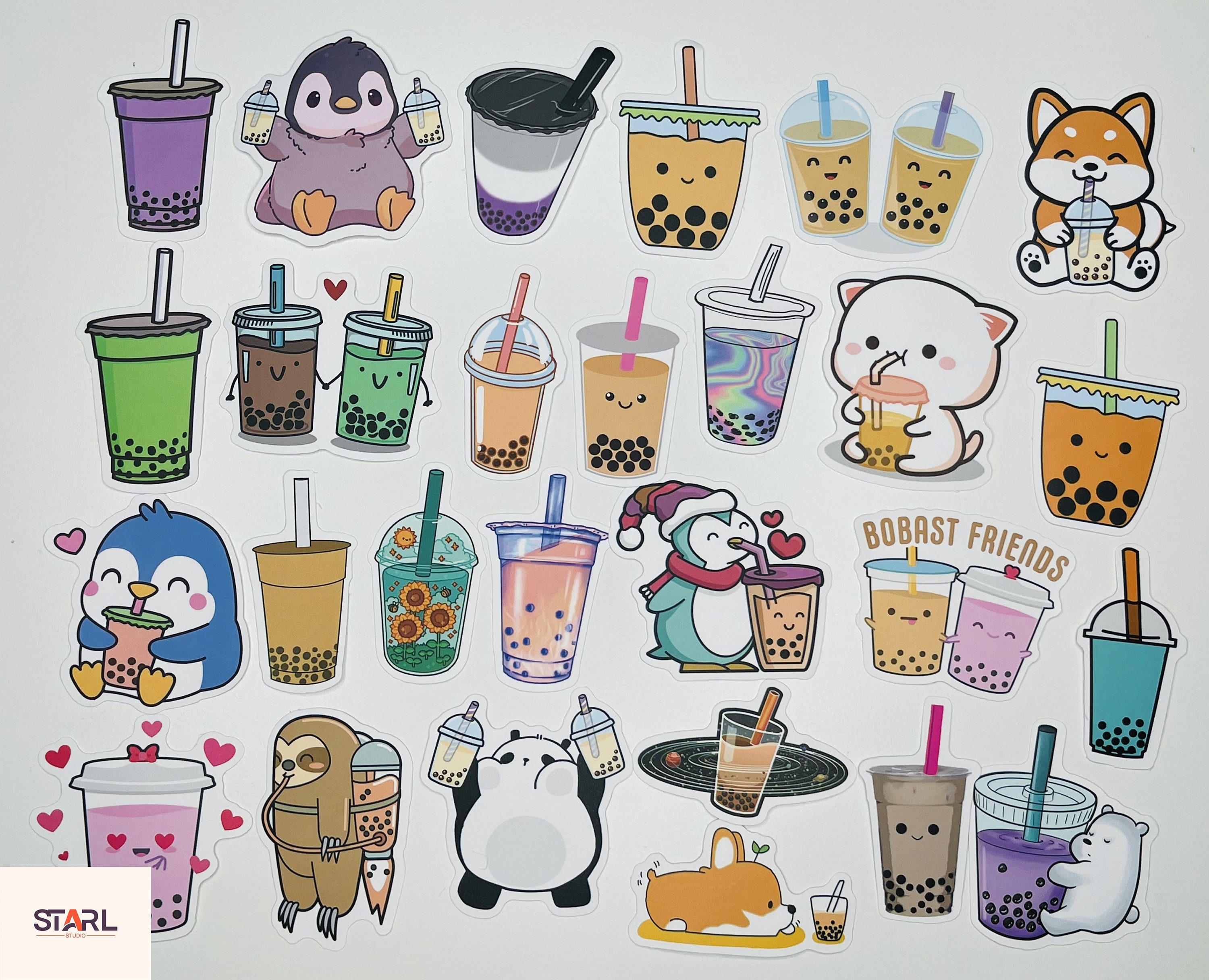 Boba Tea Stickers Pack, Cute Animals Drinking Bubble Tea, Kawaii ...