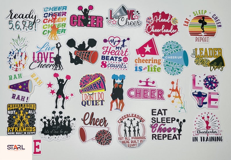 Cheerleader Stickers Pack, Colorful Cheer Team Spirit Quotes & Pom Pom ...