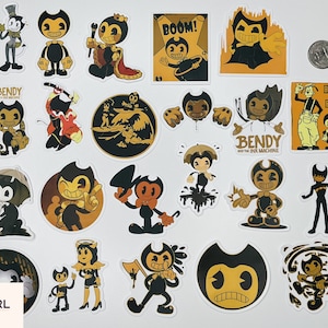 May include: A set of 18 cartoon character stickers featuring Bendy and the Ink Machine. The stickers are printed on white paper with a glossy finish. The stickers feature various poses and expressions of the cartoon character Bendy. The stickers are perfect for decorating laptops, water bottles, notebooks, and other surfaces.