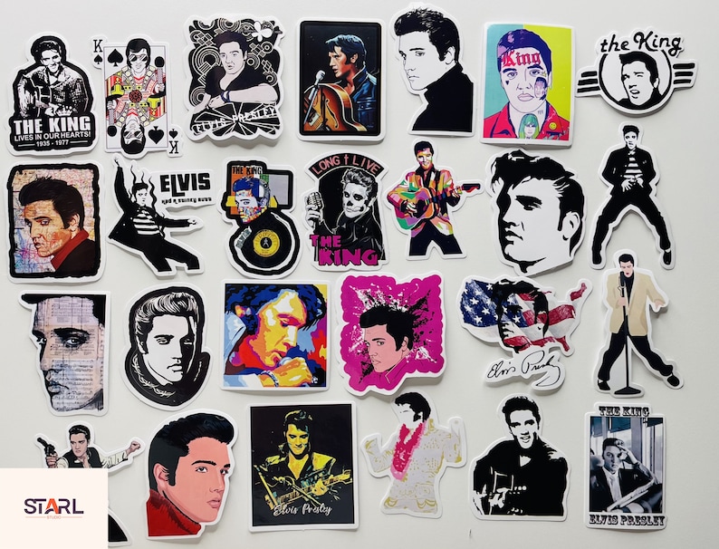 May include: A collection of 24 Elvis Presley stickers featuring various images of the singer, including portraits, performance shots, and iconic quotes. The stickers are printed on white paper with a glossy finish.