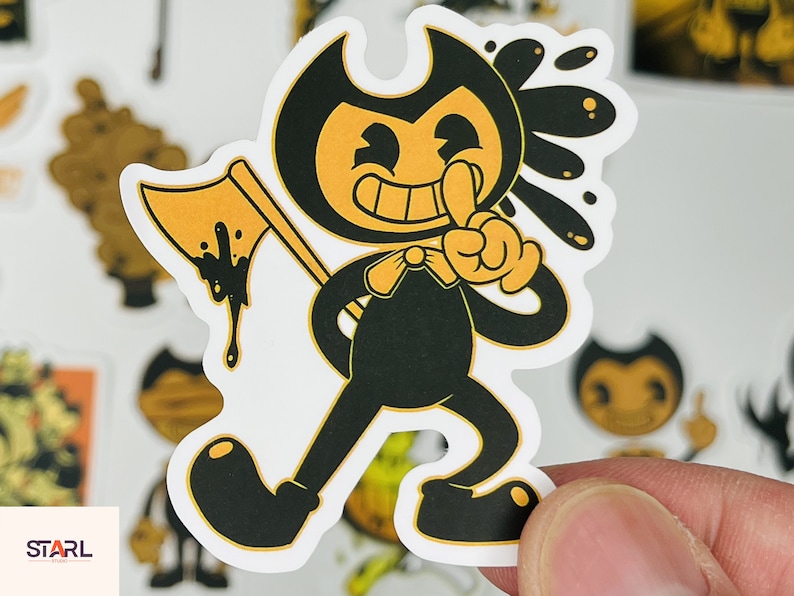 May include: A black and yellow cartoon character with a mischievous grin, holding a dripping axe. The character is wearing a black bow tie and has a splatter of black ink behind it.