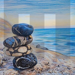 Download digitale di arte francese. Pila di ciottoli su una bella spiaggia - Ideale per tele, stampe, biglietti ecc.